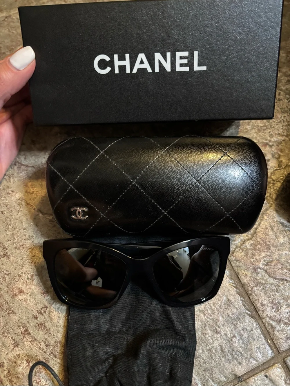 CHANEL Black Cat-Eye Quilted Sunglasses with Case
